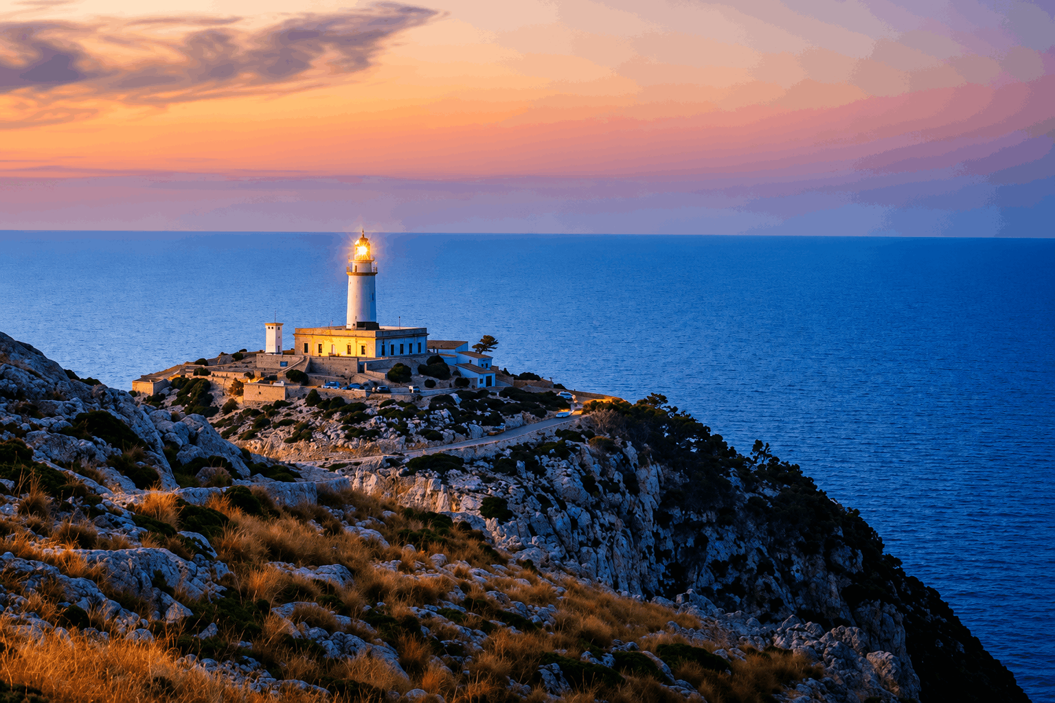 Faro en la costa de Mallorca al atardecer